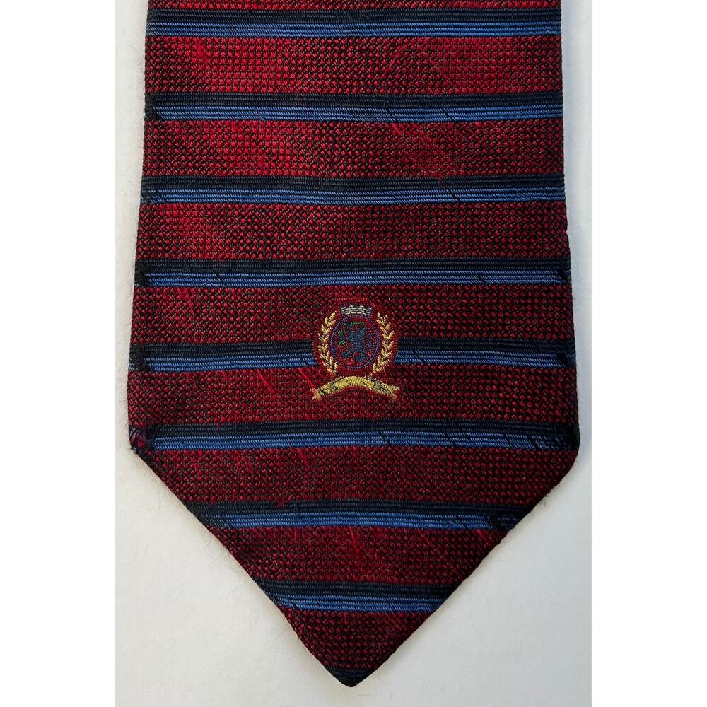 Tommy Hilfiger 100% Silk Mens Tie Red Blue Stripe Crest Logo Made In USA